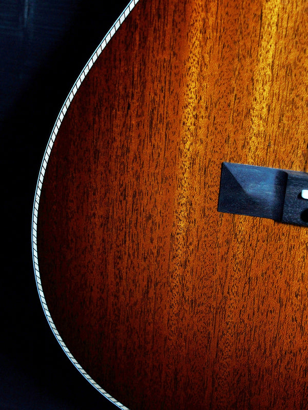 Custom Santa Cruz 00-1929 Style 12-Fret all-solid mahogany acoustic guitar with shaded Edgeburst Lower bout with purfling