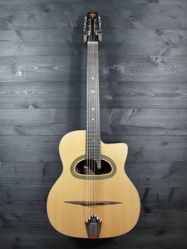 Eastman DM3 Grande Bouche Gypsy Jazz Acoustic Guitar with solid Sitka spruce top and traditional D-hole design at Tobias Music.