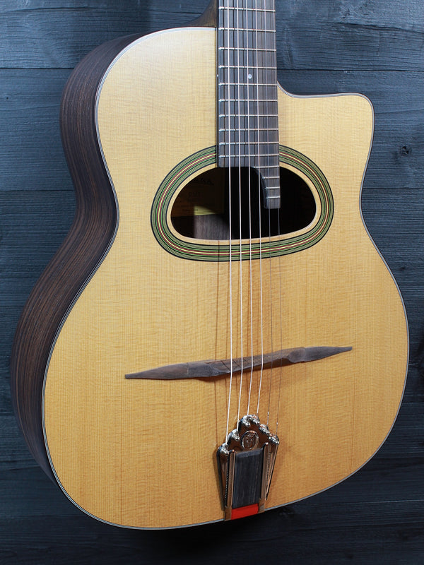 Eastman DM3 Grande Bouche Gypsy Jazz Acoustic Guitar with solid Sitka spruce top and traditional D-hole design at Tobias Music.