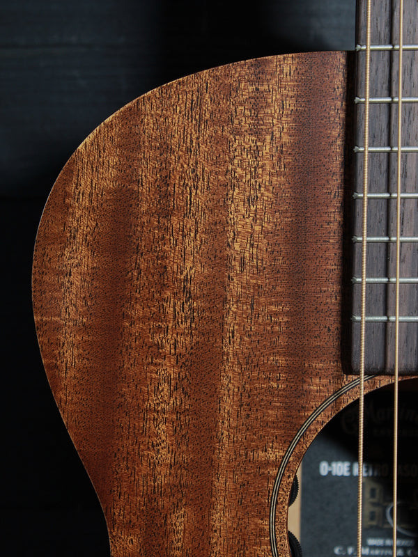 Close up upper bout of the Martin 0-10E Retro Jason Isbell Signature acoustic guitar