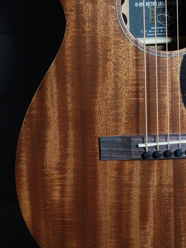 Figured mahogany on a Martin 0-10E Retro Jason Isbell Signature acoustic guitar