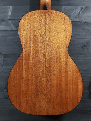  Close up view of back of the Martin Custom Shop 00-12 Fret featuring solid mahogany tonewood.