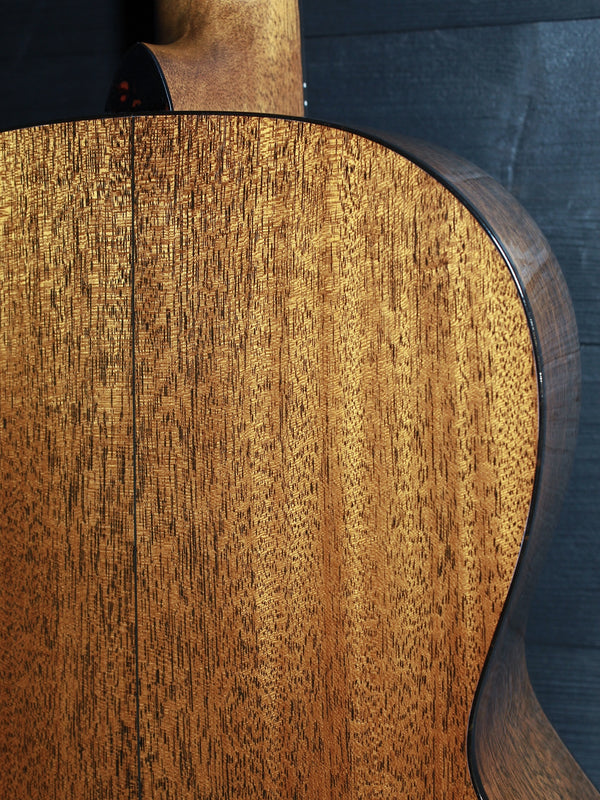 Upper bout of  Back of the Martin Custom Shop 00-12 Fret featuring solid mahogany tonewood.