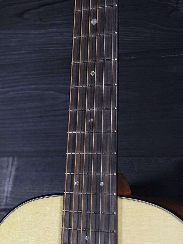 Fretboard and inlay on Martin Custom Shop headstock with Grover nickel tuning machines.