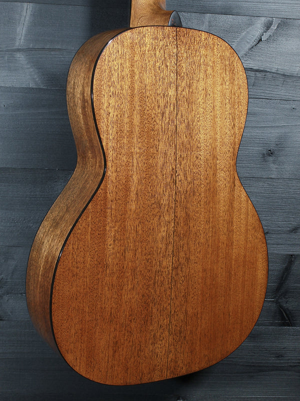 Glamour shot of back of the Martin Custom Shop 00-12 Fret featuring solid mahogany tonewood.