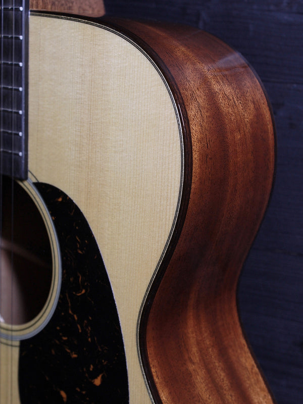 Certified European Spruce top with Aging Toner on Martin Custom Shop acoustic guitar Showing sides with top