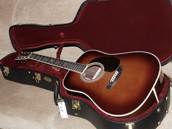 Detail of the Martin D-41’s decorative appointments and craftsmanship with hardshell case.