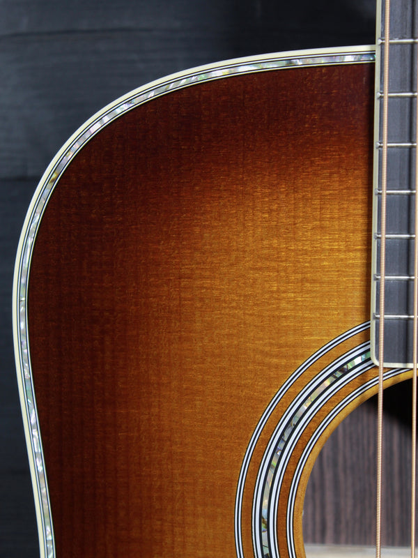 Close-up of the vintage-inspired 1933 Ambertone finish on the Martin D-41
