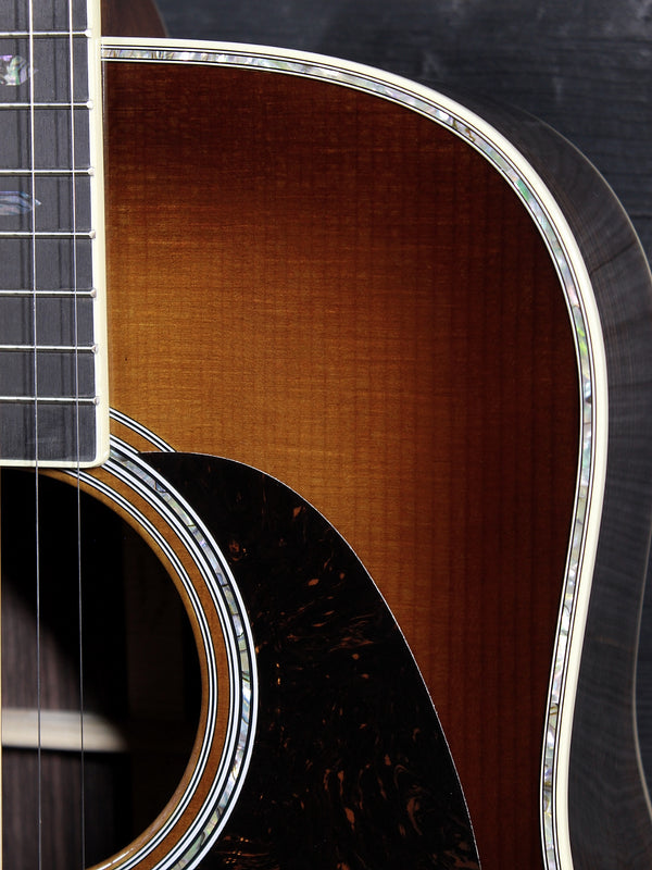 Detail of the Martin D-41 dreadnought body and top showing abalone trim