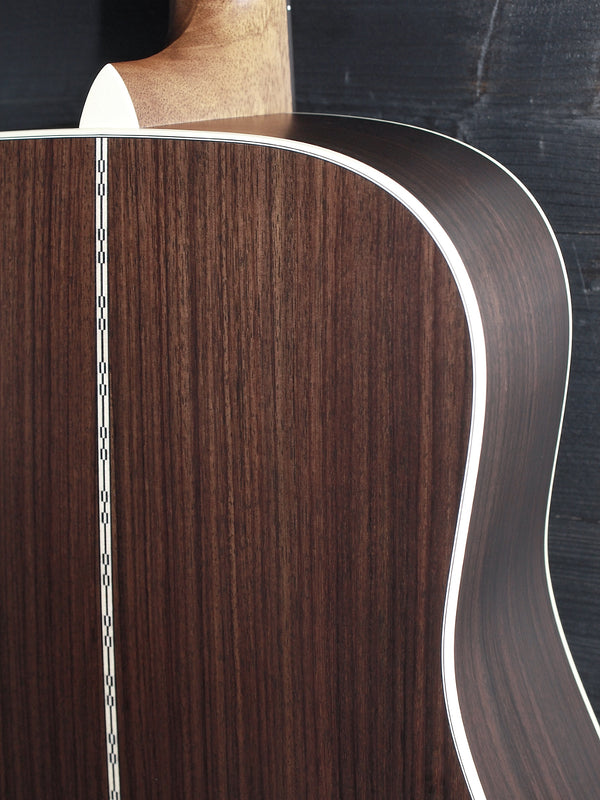 Martin D-28 East Indian rosewood back close up upper bout