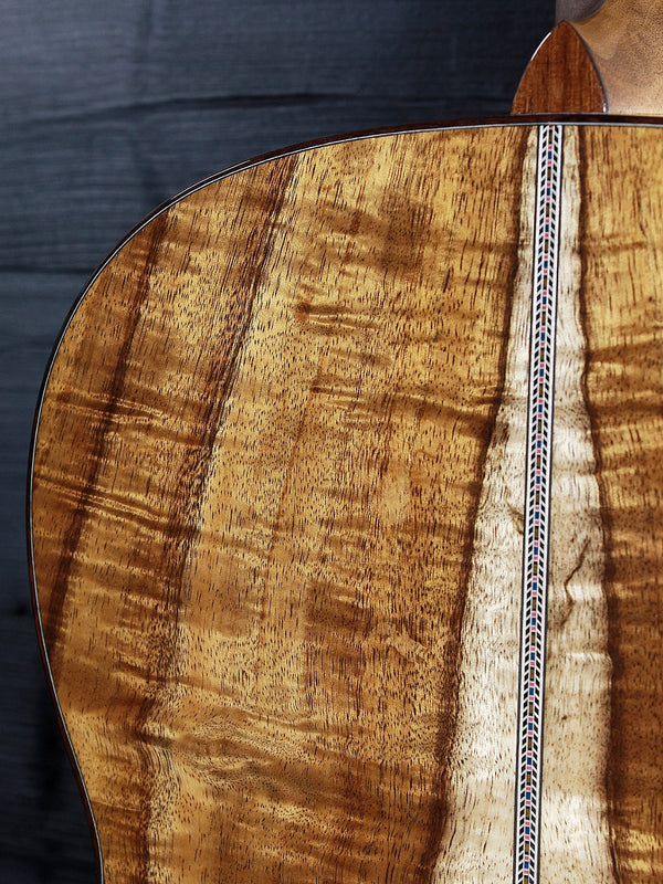 Martin O’ahu K-42 Hibiscus Hawaiian koa back upper bout figured wood.