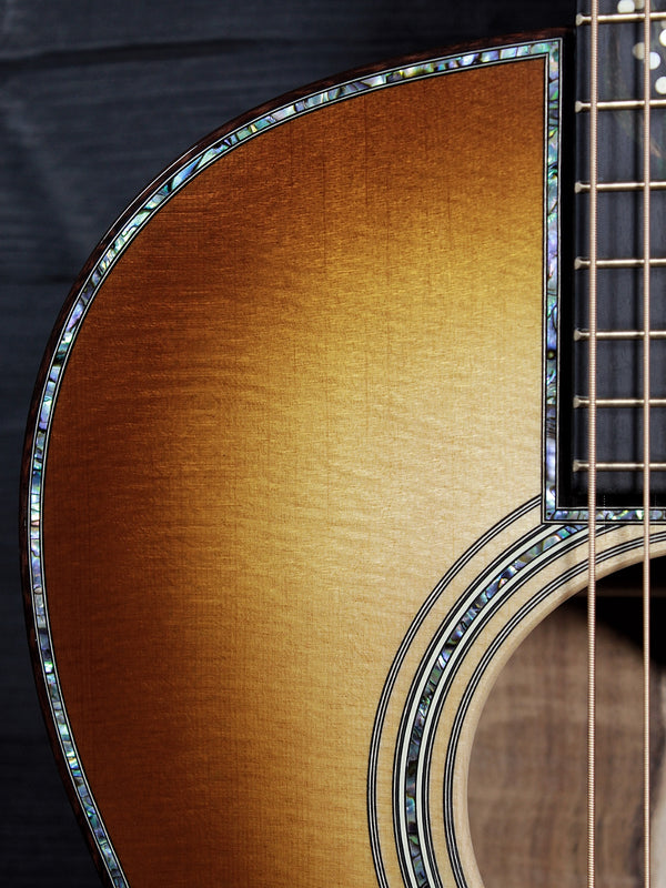 Martin O’ahu K-42 Hibiscus reclaimed Sitka spruce top close-up with abalone