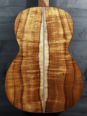 Martin O’ahu K-42 Hibiscus Hawaiian koa back showing premium grain pattern.