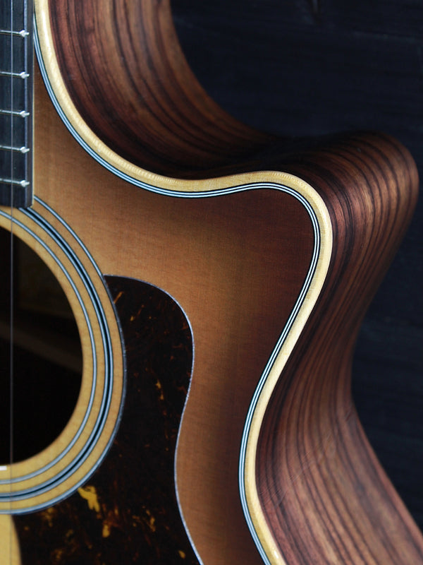 Venetian cutaway detail on Taylor 414ce Studio SEB acoustic guitar