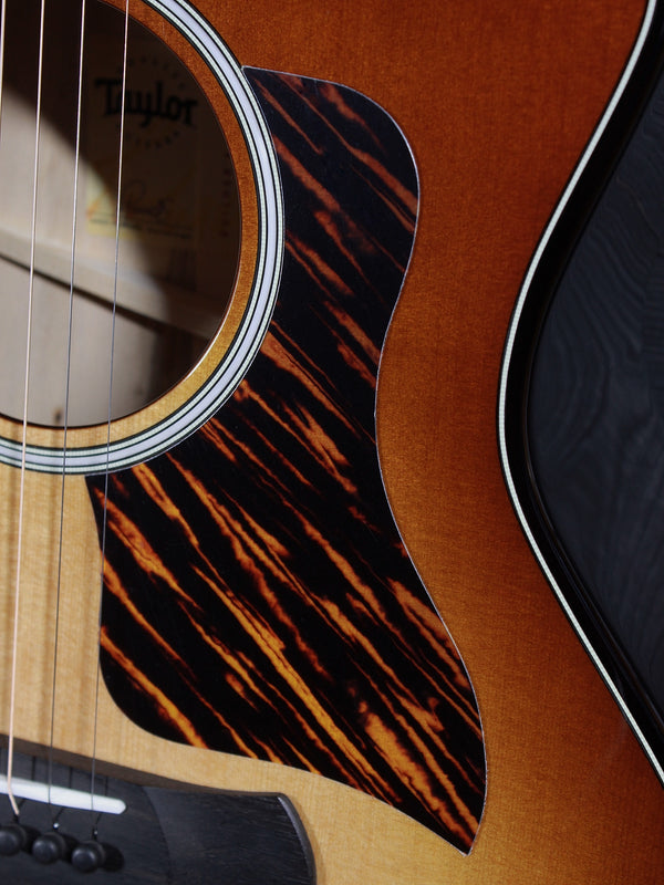Kona Burst finish detail on Taylor Builder’s Edition 514ce with firestripe pickguard 