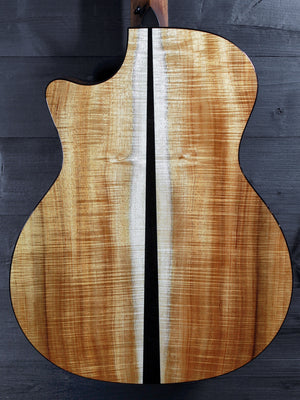 Premium Hawaiian Koa back on Taylor Custom acoustic guitar back view