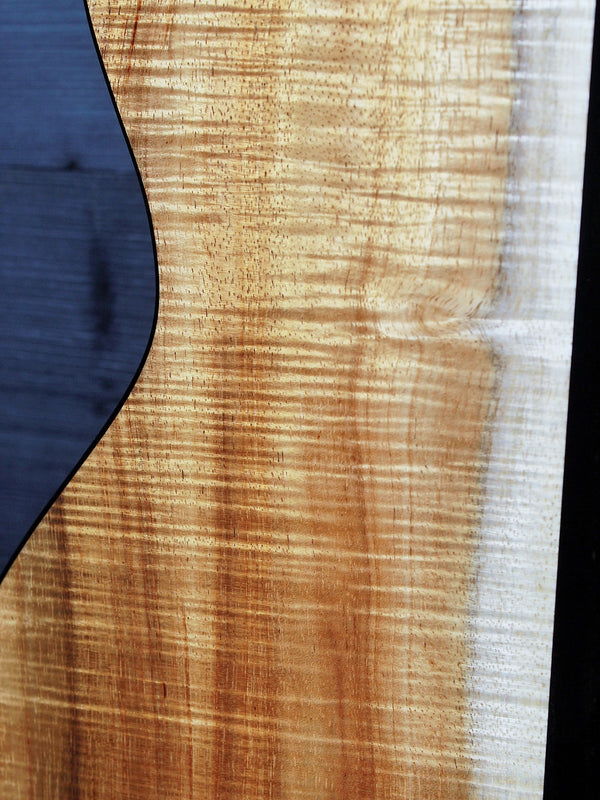 Premium Hawaiian Koa back on Taylor Custom acoustic guitar back view with flamed koa