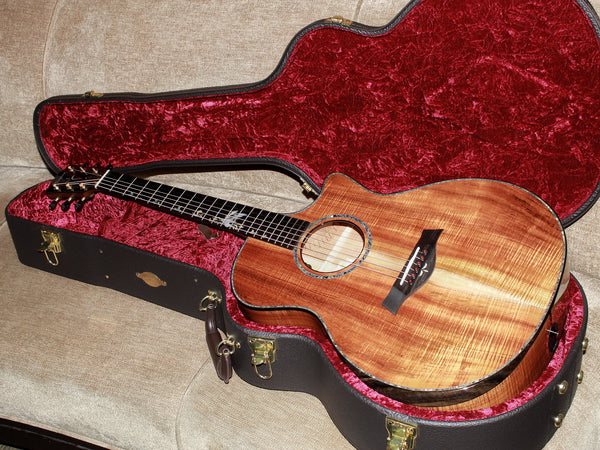 Premium Hawaiian Koa back on Taylor Custom acoustic guitar with deluxe hardshell case
