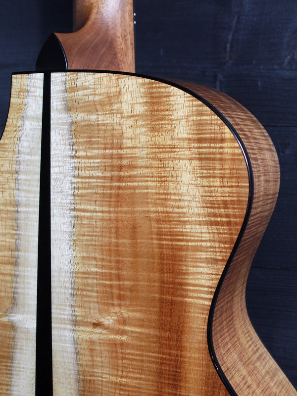 Premium Hawaiian Koa back on Taylor Custom acoustic guitar back with flamed koa and mini wedge