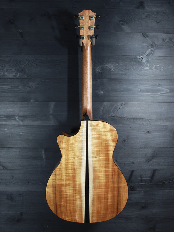 Premium Hawaiian Koa back on Taylor Custom acoustic guitar full back view