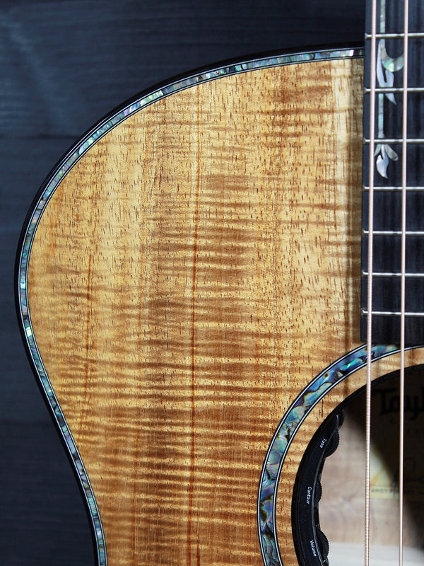 Premium Hawaiian Koa back on Taylor Custom acoustic guitar top with abalone trim