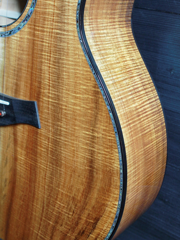 Premium Hawaiian Koa back on Taylor Custom acoustic guitar top and sides