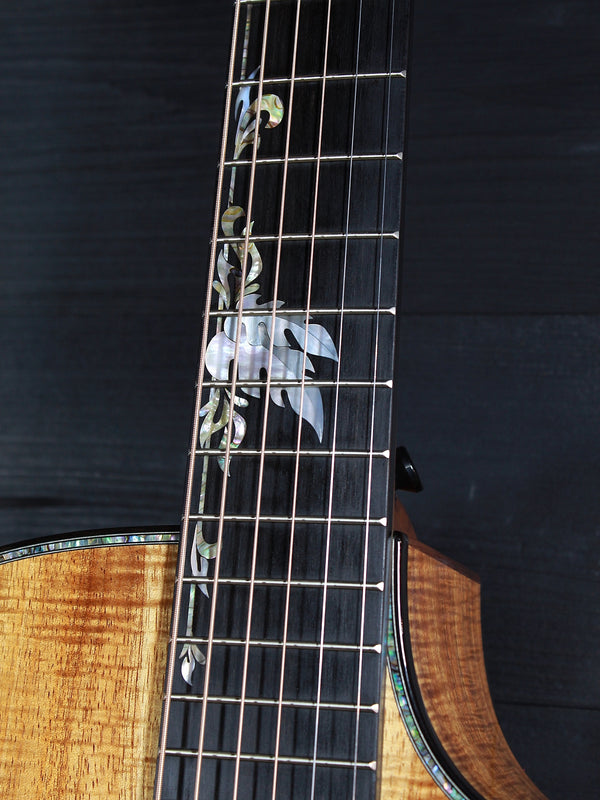 Premium Hawaiian Koa back on Taylor Custom acoustic guitar tropical vine fretboard inlay 