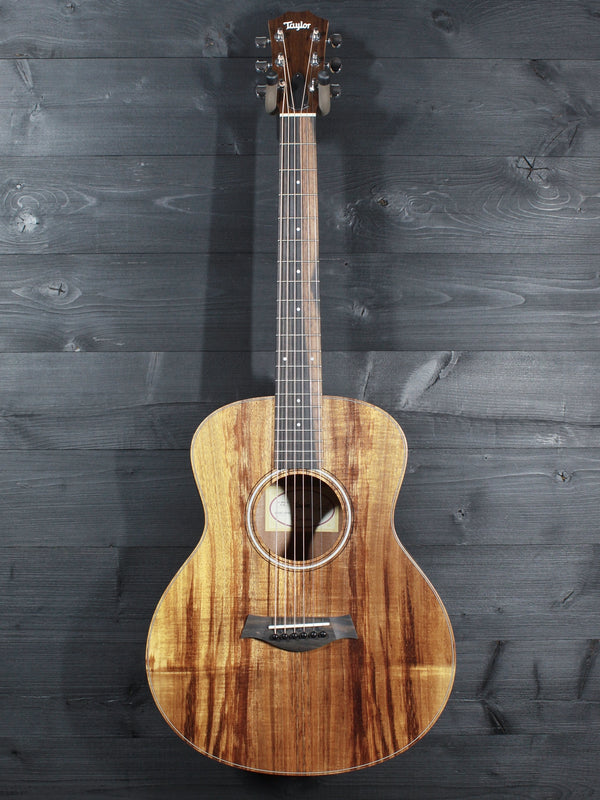 Taylor GS Mini-e Koa guitar showing Hawaiian koa top grain