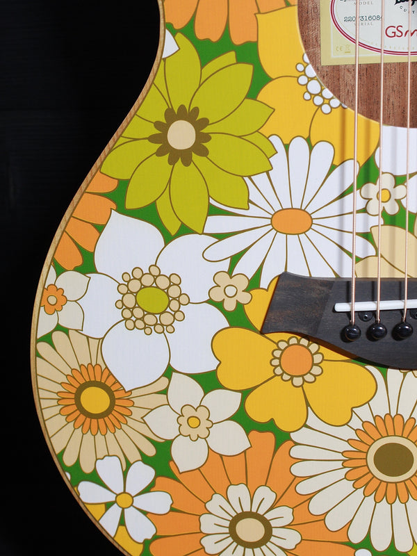 Taylor GS Mini-e Special Edition Floral Green floral artwork and torrefied spruce top close up flowers.